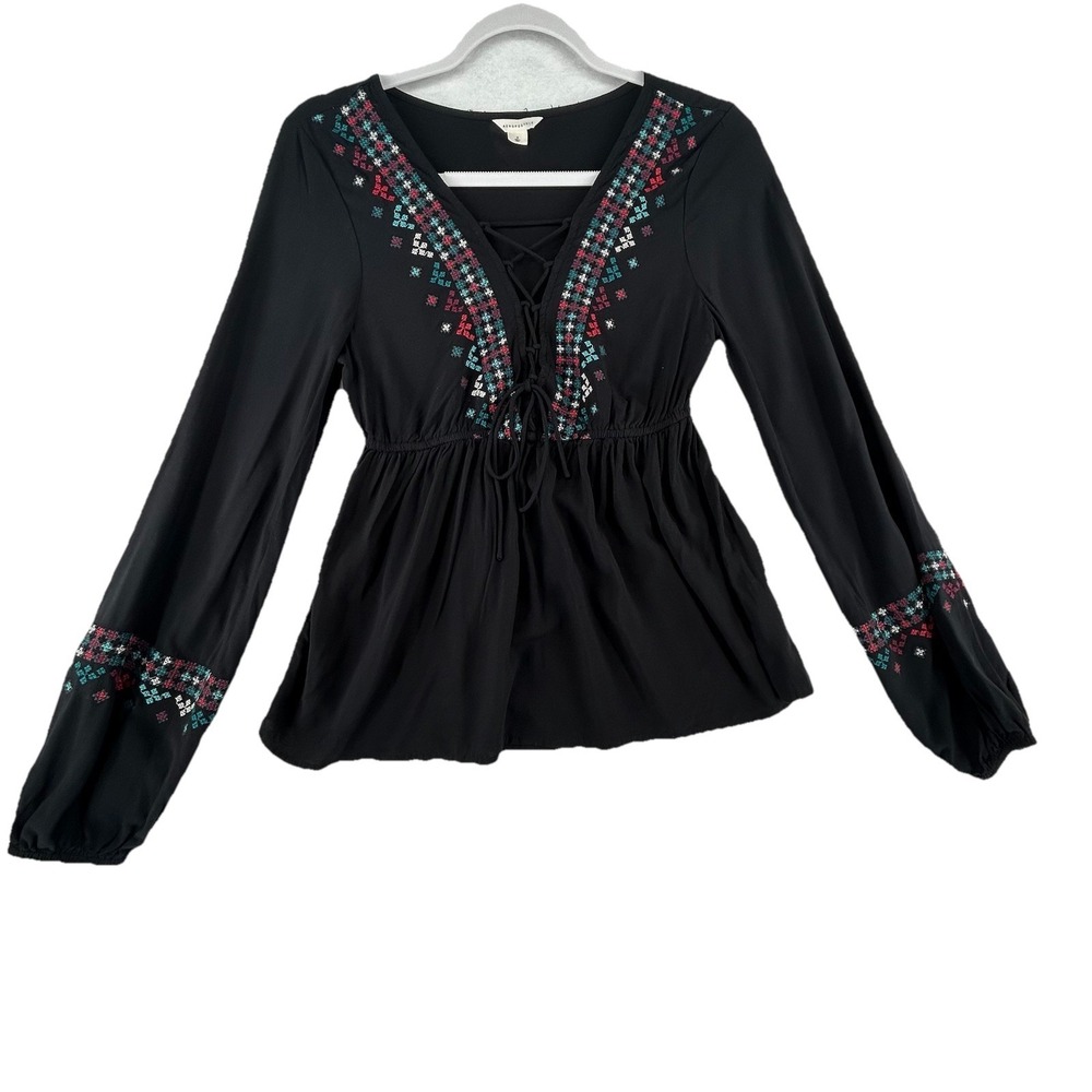 Aeropostale Peasant Babydoll Embroidery Womens  Small Lace Up Front Aztec Boho